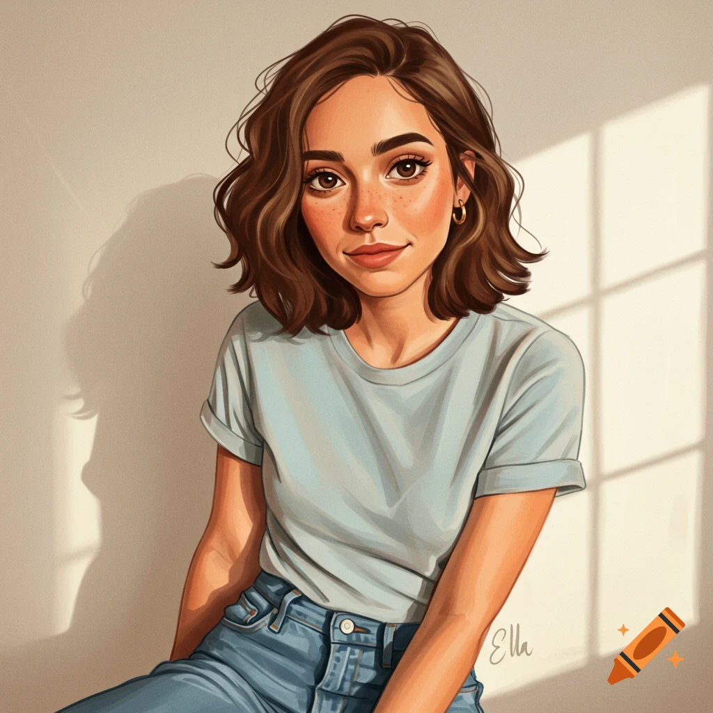 A young woman with freckles and short brown hair wearing a t-shirt and jeans.