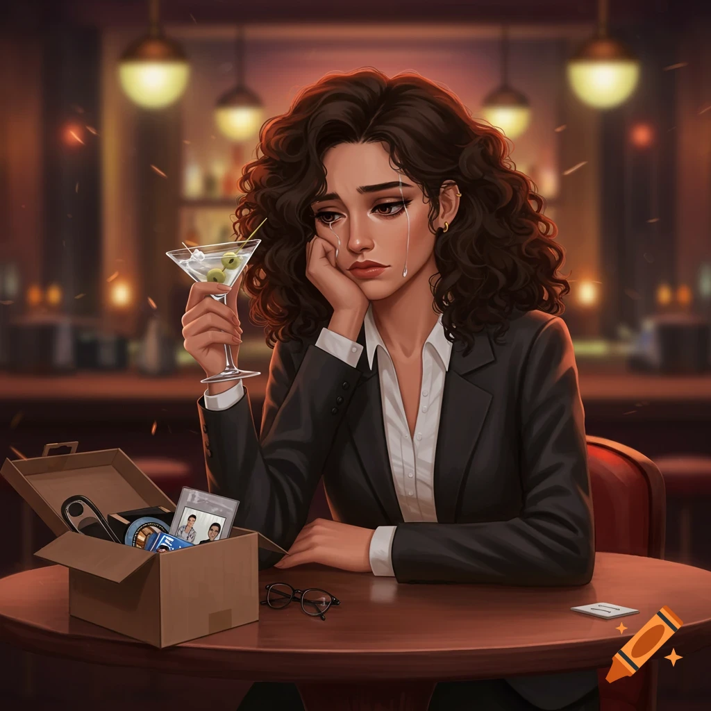 A sad young woman with curly hair sitting at a bar, holding a martini, with a box of personal items on the table.