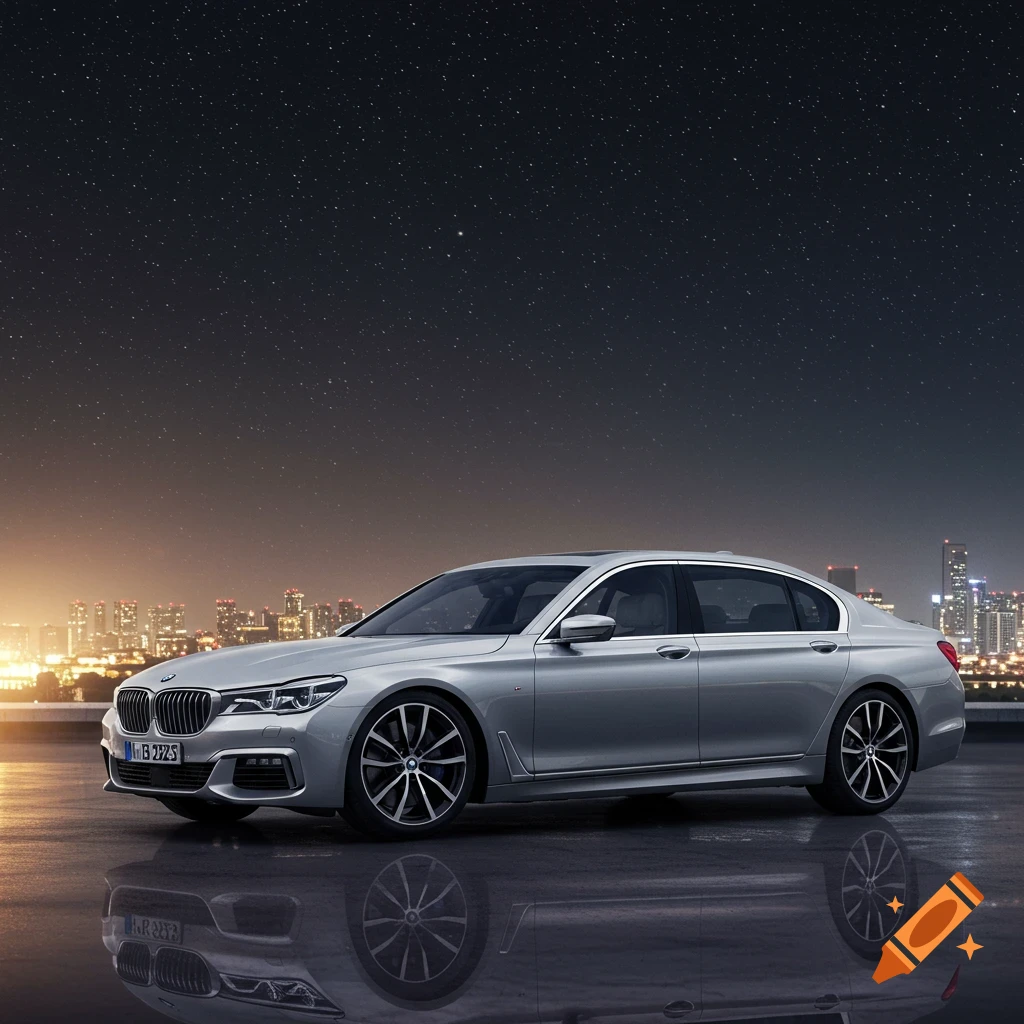 Silver BMW sedan parked on a wet surface overlooking a city skyline under a starry night sky.
