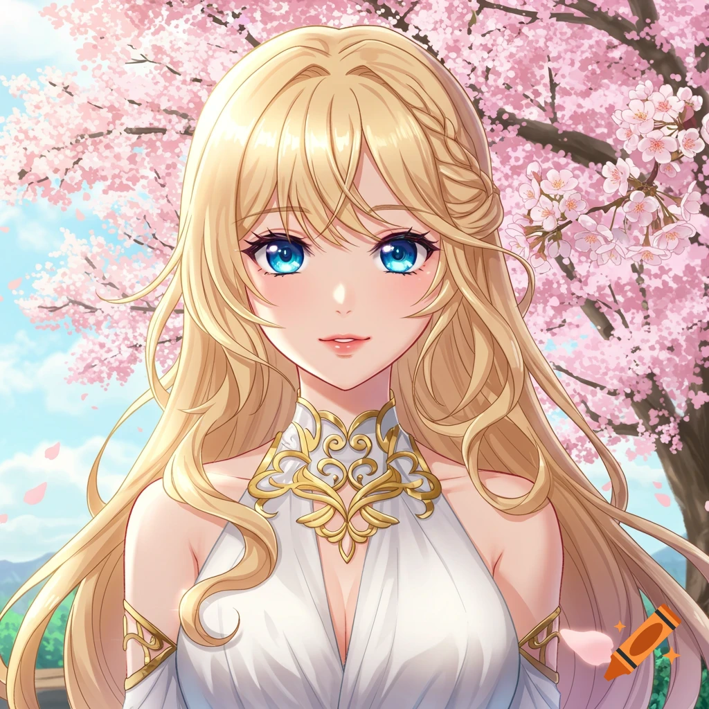 Anime portrait of a blonde woman with blue eyes among cherry blossoms