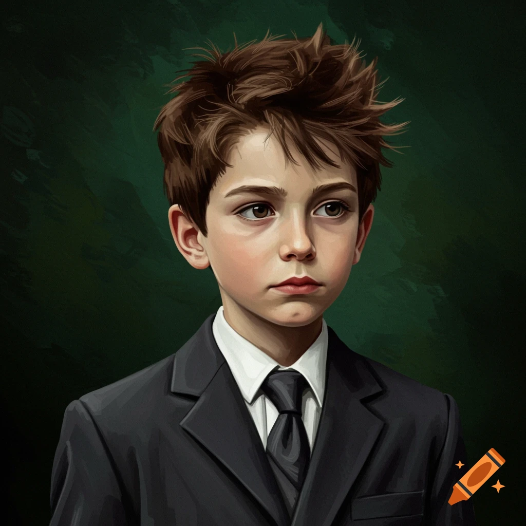 A portrait of a pensive young boy in a dark suit.
