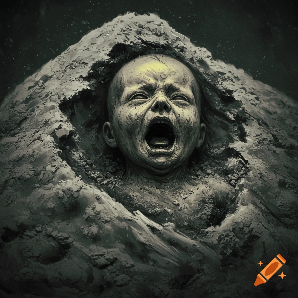 A surreal image of a screaming baby made of ash emerging from a pile of ash, in a dark horror style.