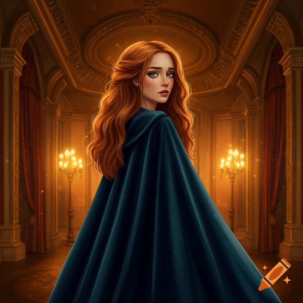 A red-haired woman in a blue cape looks back in a grand hall.
