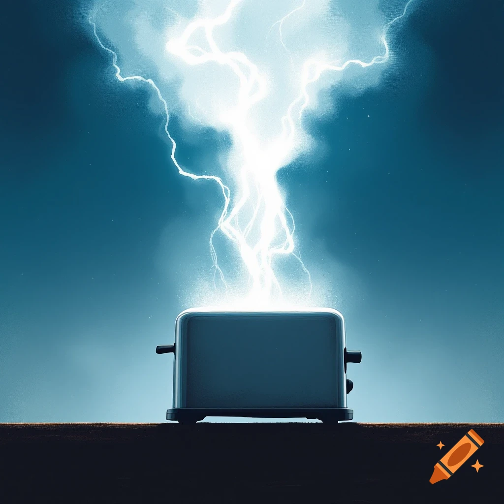 A toaster with lightning striking out of it against a dark blue sky
