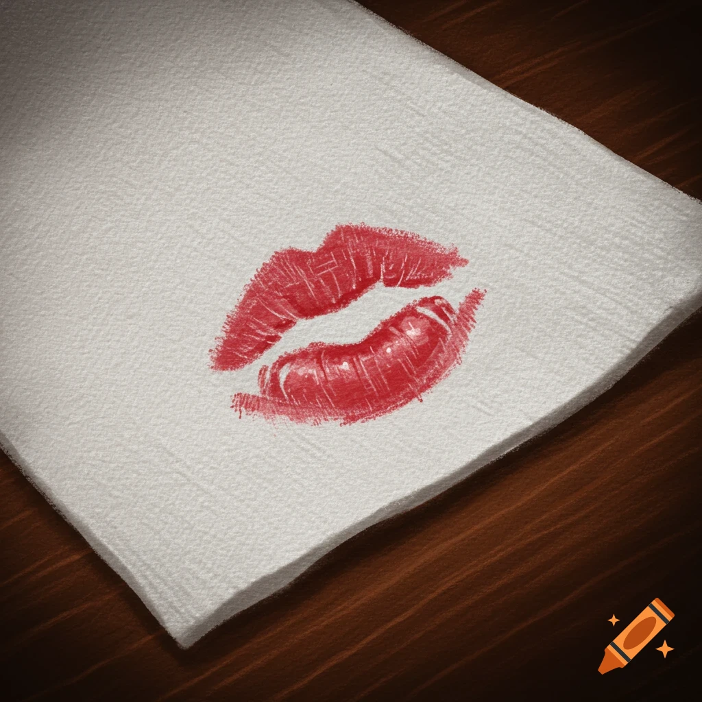 A red lipstick kiss mark on a white napkin.