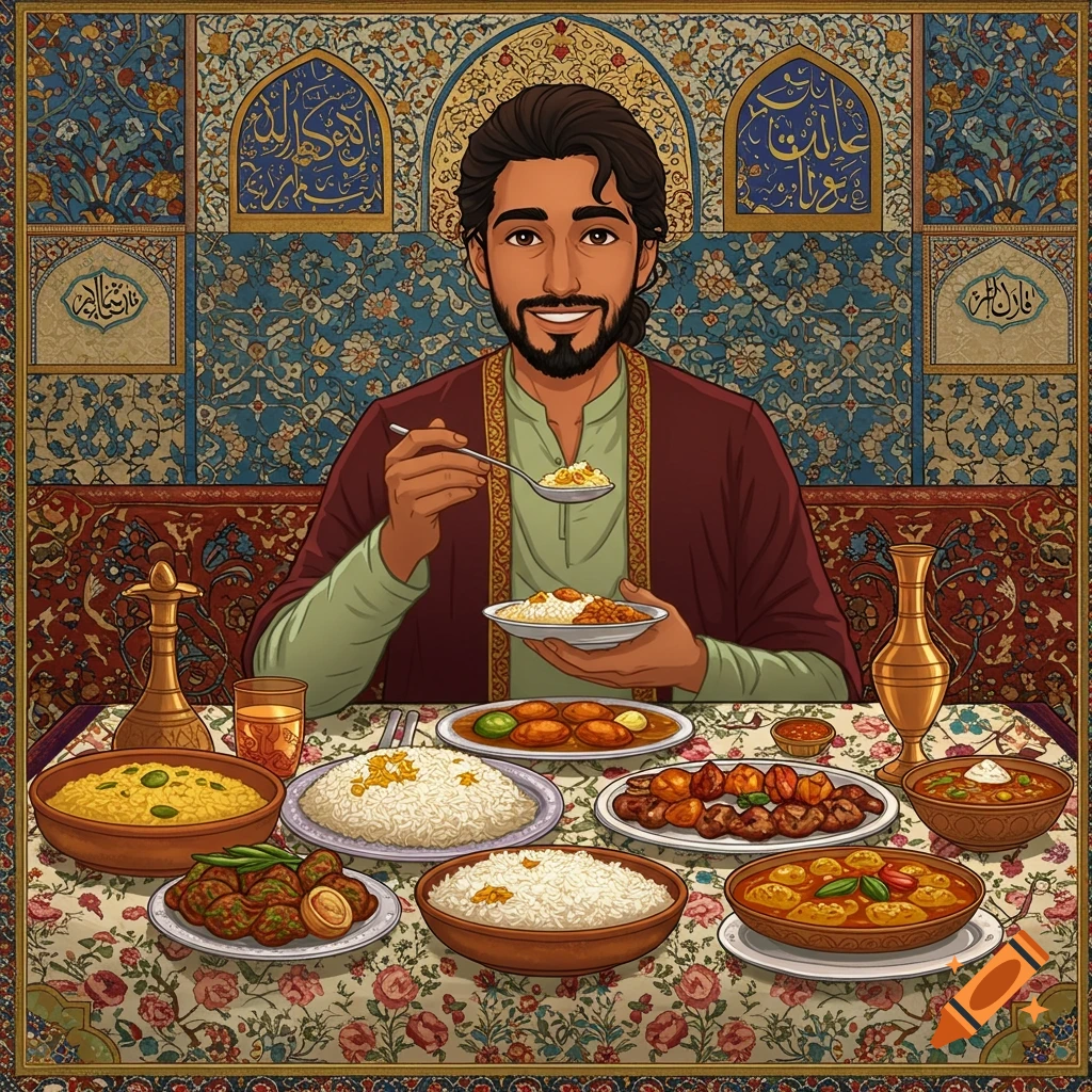 A man eating a large meal at a table with intricate patterned tablecloth and background.