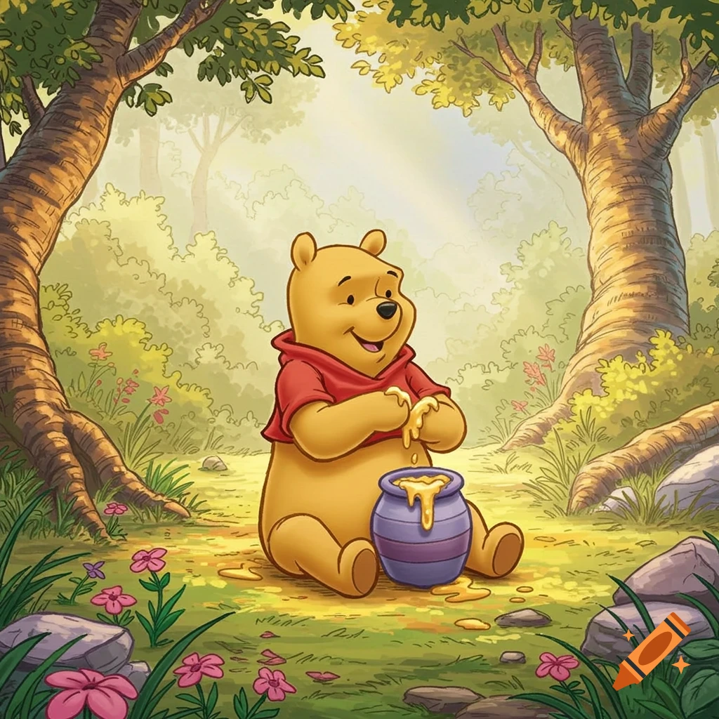 Winnie the Pooh sits in a sunny forest clearing, happily eating honey from a pot in a classic cartoon illustration style.