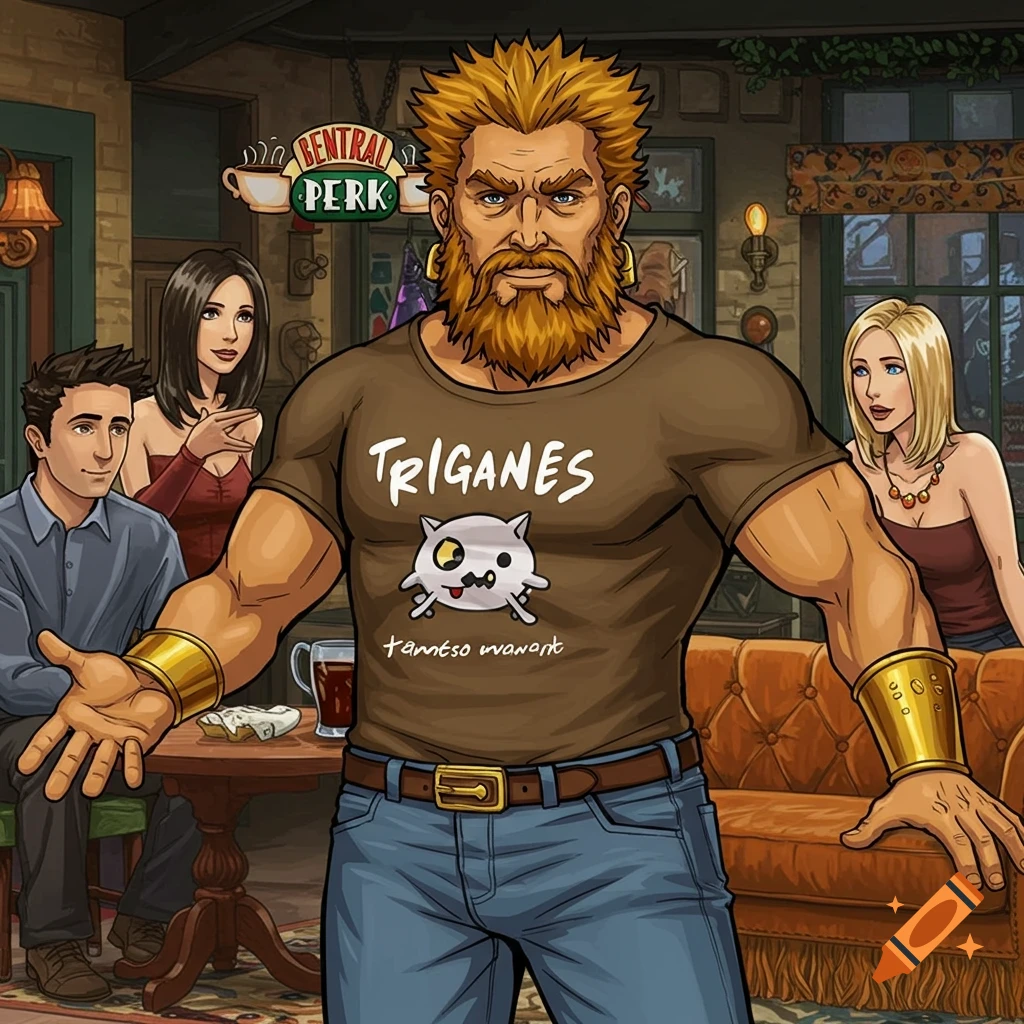 A muscular man with a beard wears a graphic t-shirt in a coffee shop with other characters.