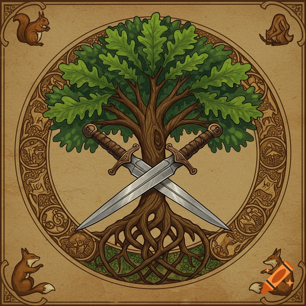 Illustration of a tree with crossed swords in a circular Celtic frame with animals.