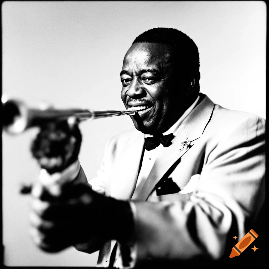 Black and white studio portrait of a man resembling Louis Armstrong playing a trumpet.