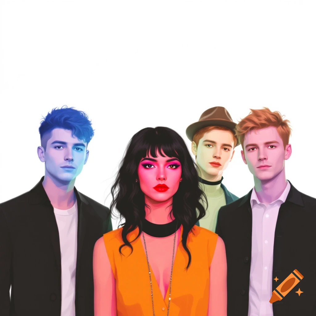 Four stylized digital art portraits of people, possibly a band, with vibrant makeup and hair colors.