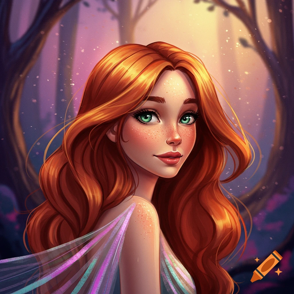 A red-haired woman with green eyes and freckles in a fantasy forest.