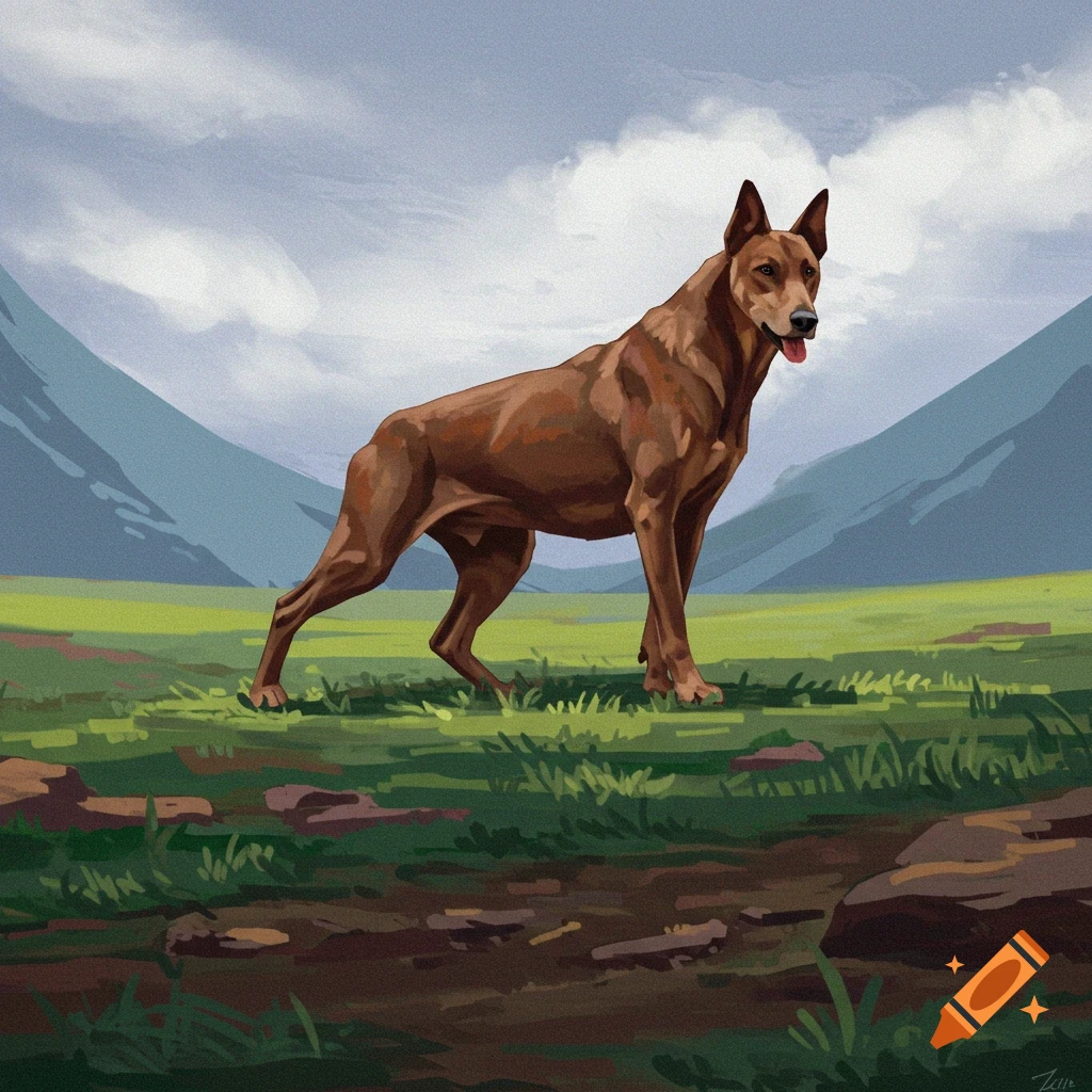 A brown dog stands in a grassy field with mountains in the background.