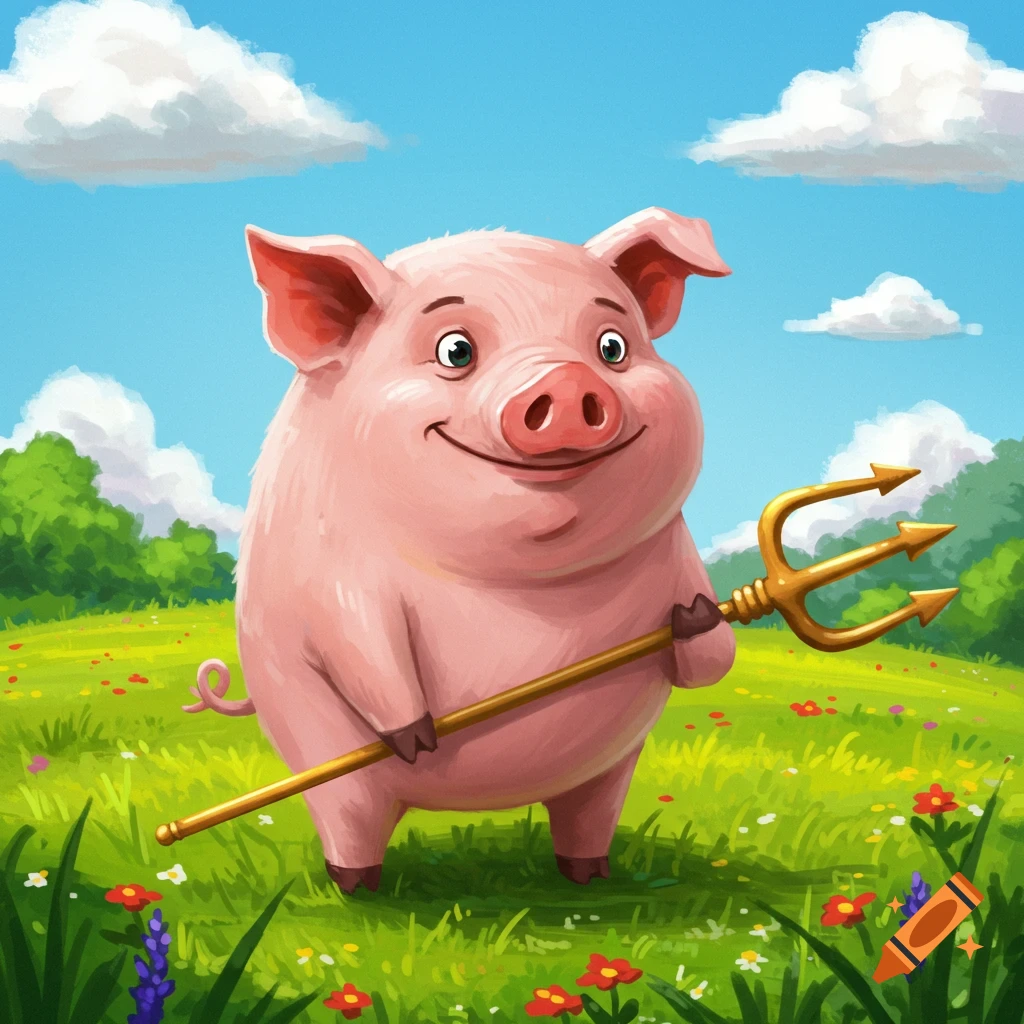A cheerful cartoon pig stands in a grassy field holding a golden trident.