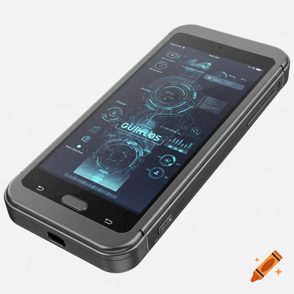 Futuristic dark grey smartphone with a complex blue sci-fi user interface displayed on the screen.