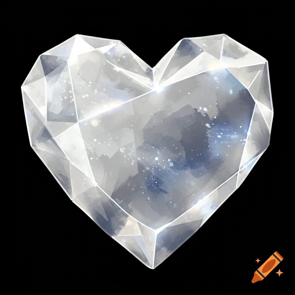 A large white crystal heart on a black background.