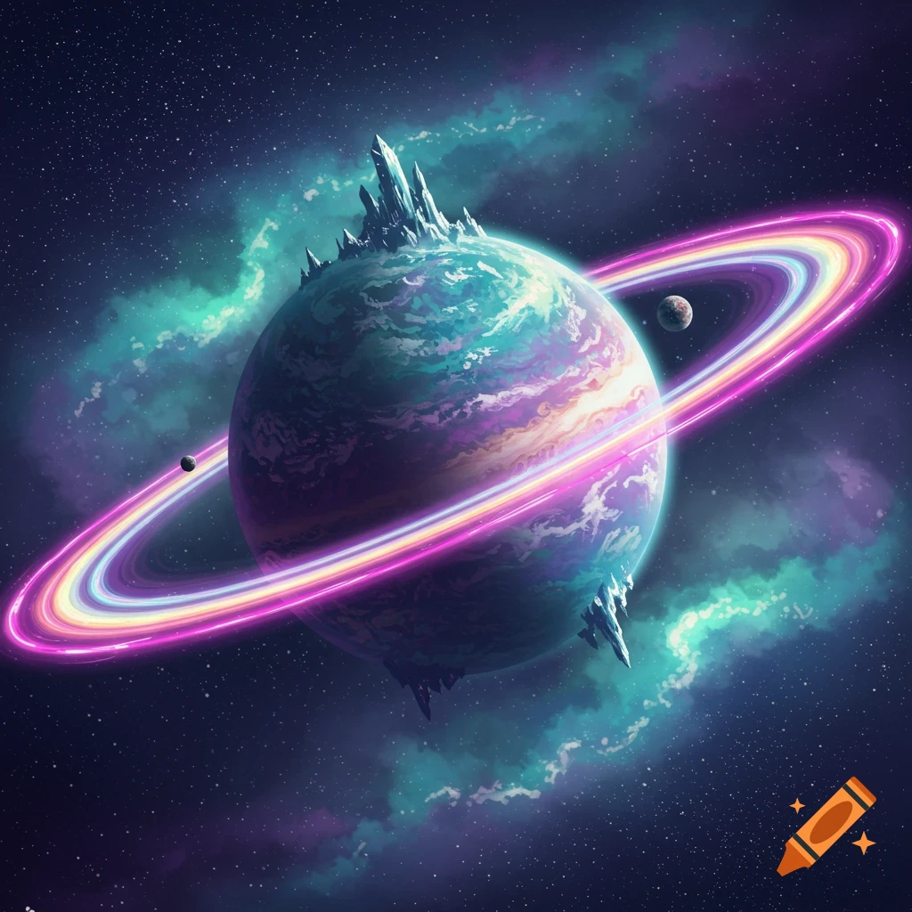 A fantastical planet with glowing rainbow rings in deep space.