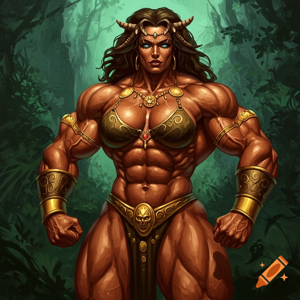 Image of a heavily muscled woman in a bikini in a forest.