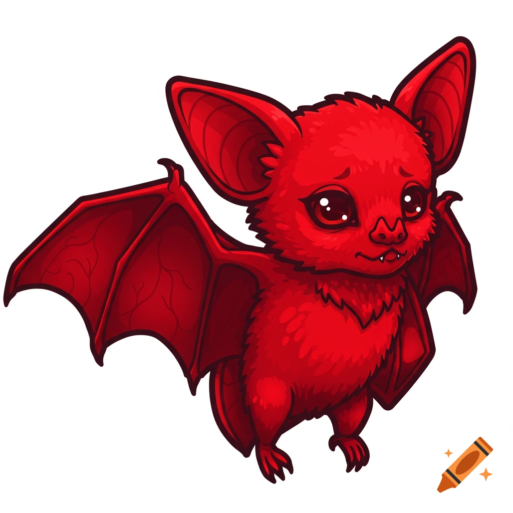 A cute red cartoon bat with spread wings