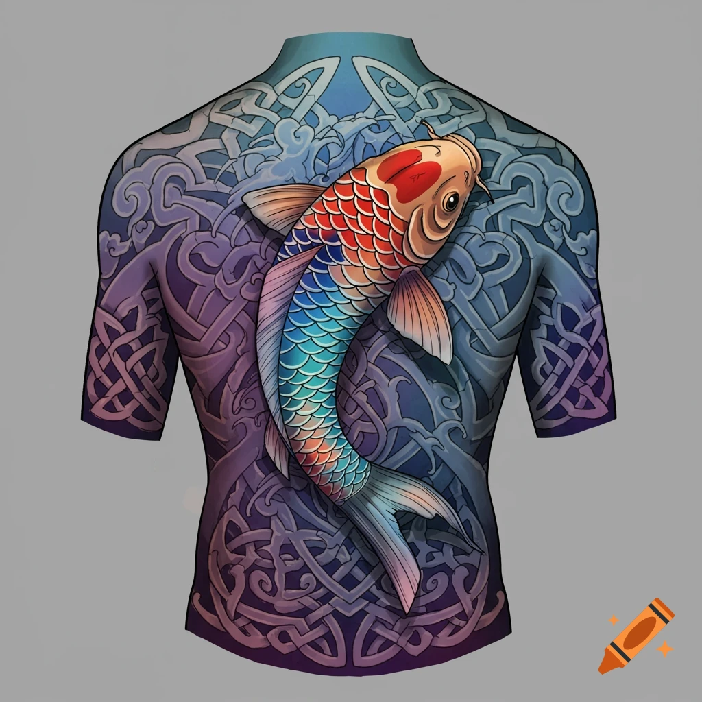 Koi fish and Celtic knot tattoo design on a person's back.