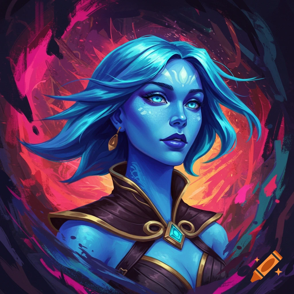 A blue-skinned woman with blue hair and eyes in fantasy armor against an abstract background.