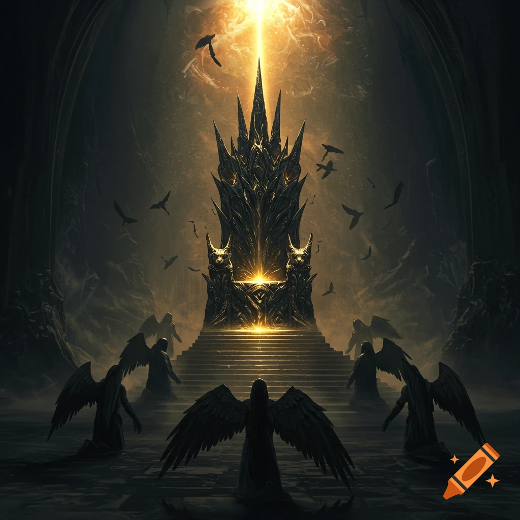 A dark, ornate throne sits on steps, bathed in light, with kneeling winged figures and flying birds in a cavern.
