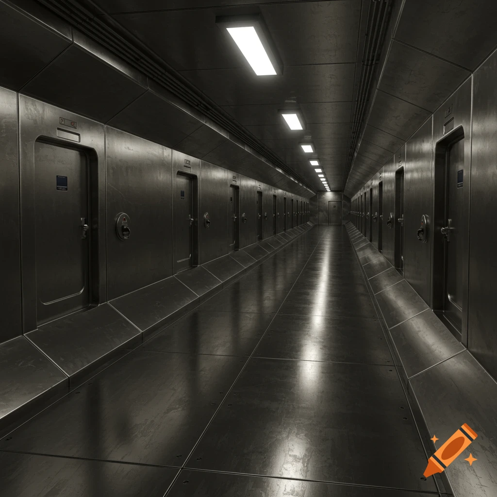 A long, empty metallic hallway stretches into the distance with doors lining the walls and bright lights overhead.