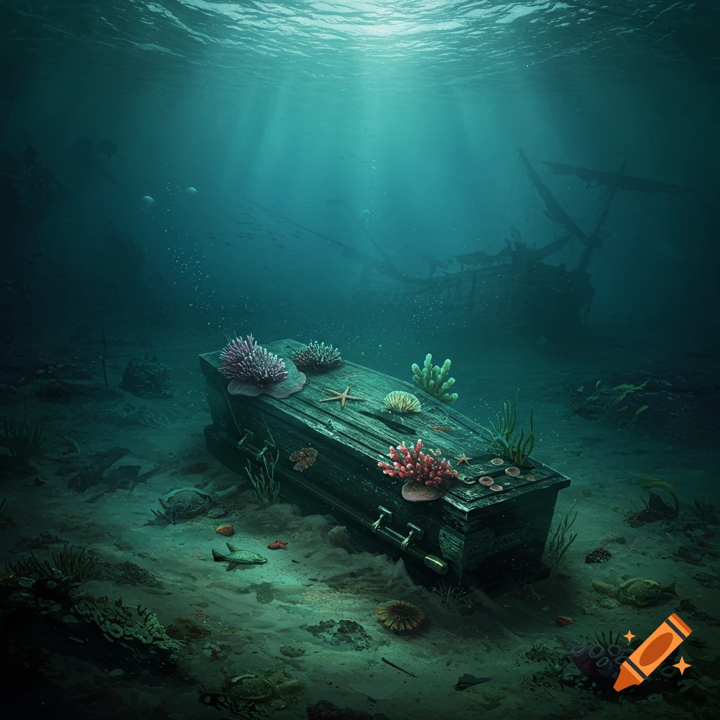 A wooden coffin rests on the sandy ocean floor among coral and fish, with a shipwreck in the distance.