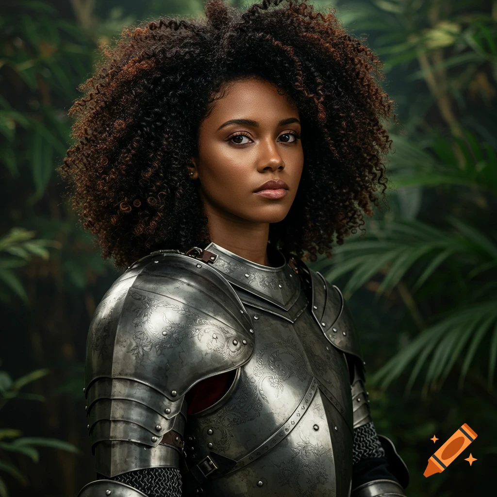 Photorealistic portrait of a Black woman in knight armor in a forest.