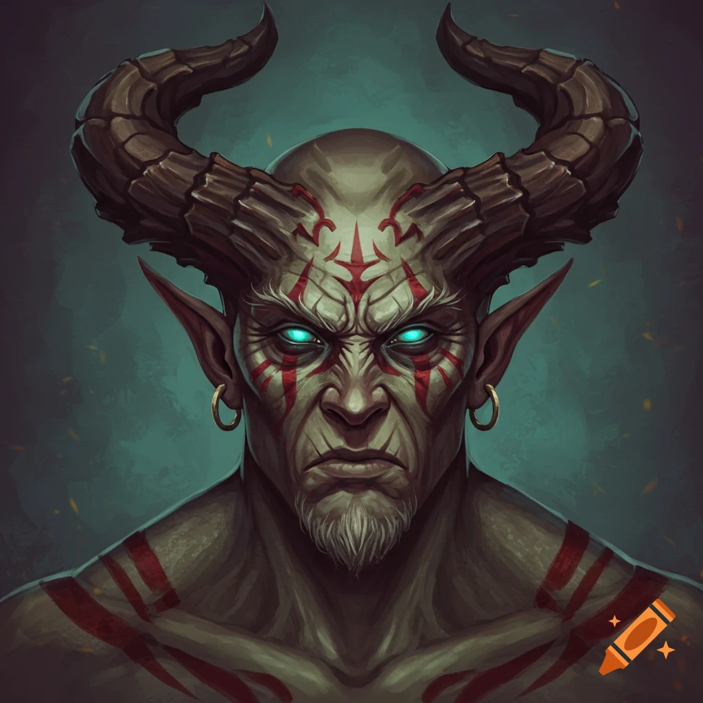 A fantasy character with horns, glowing teal eyes, and red tribal markings.