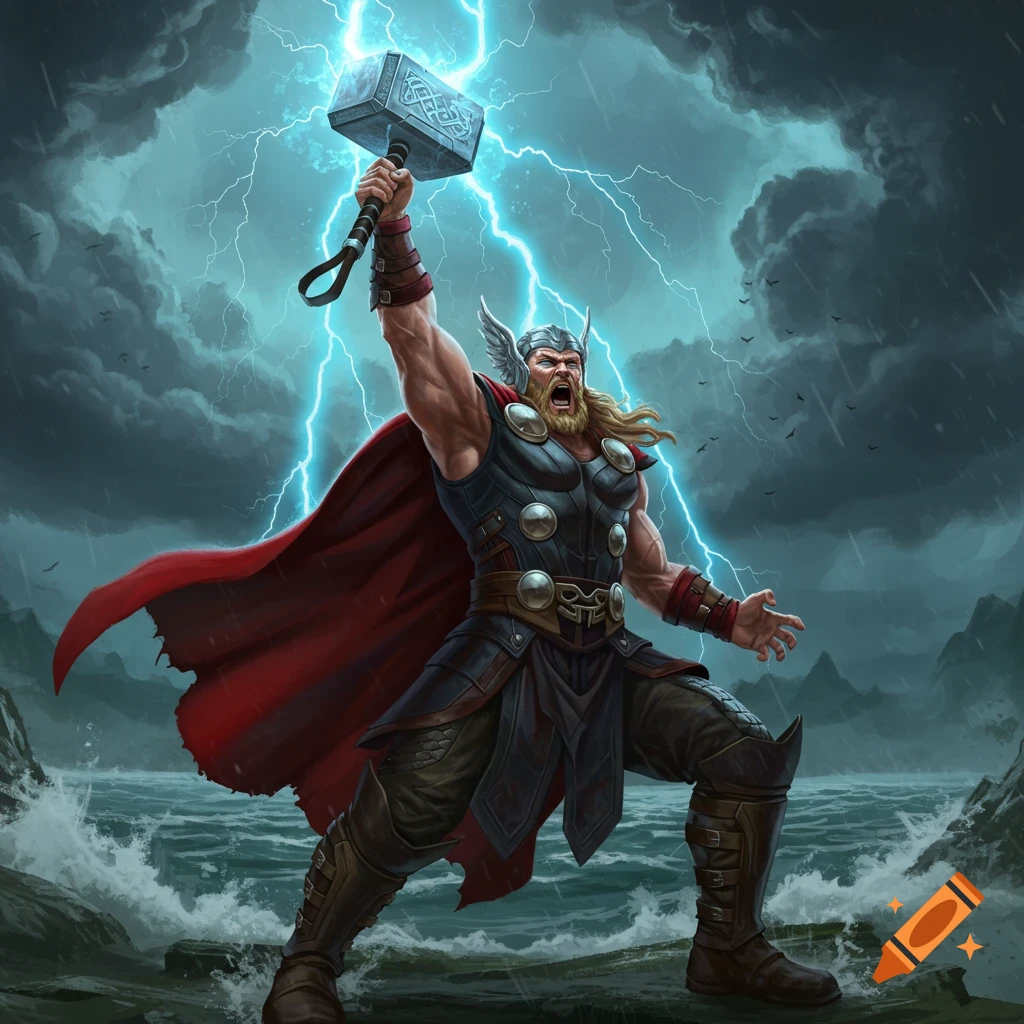 A nordic barbarian is summoning lightning.