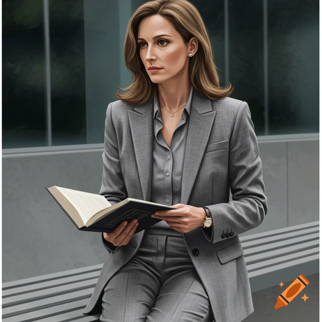 Image of a woman in a grey business suit reading a book on a bench.