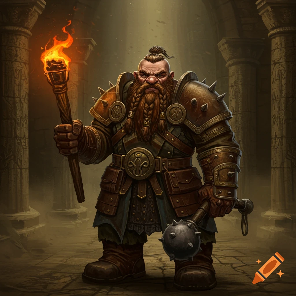 A dour dwarf in studded armor with a torch and mace in a tomb.