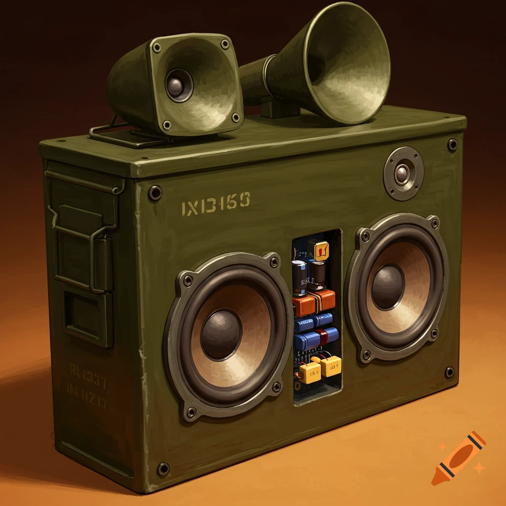 Speaker system built from a green ammo can with multiple speakers.
