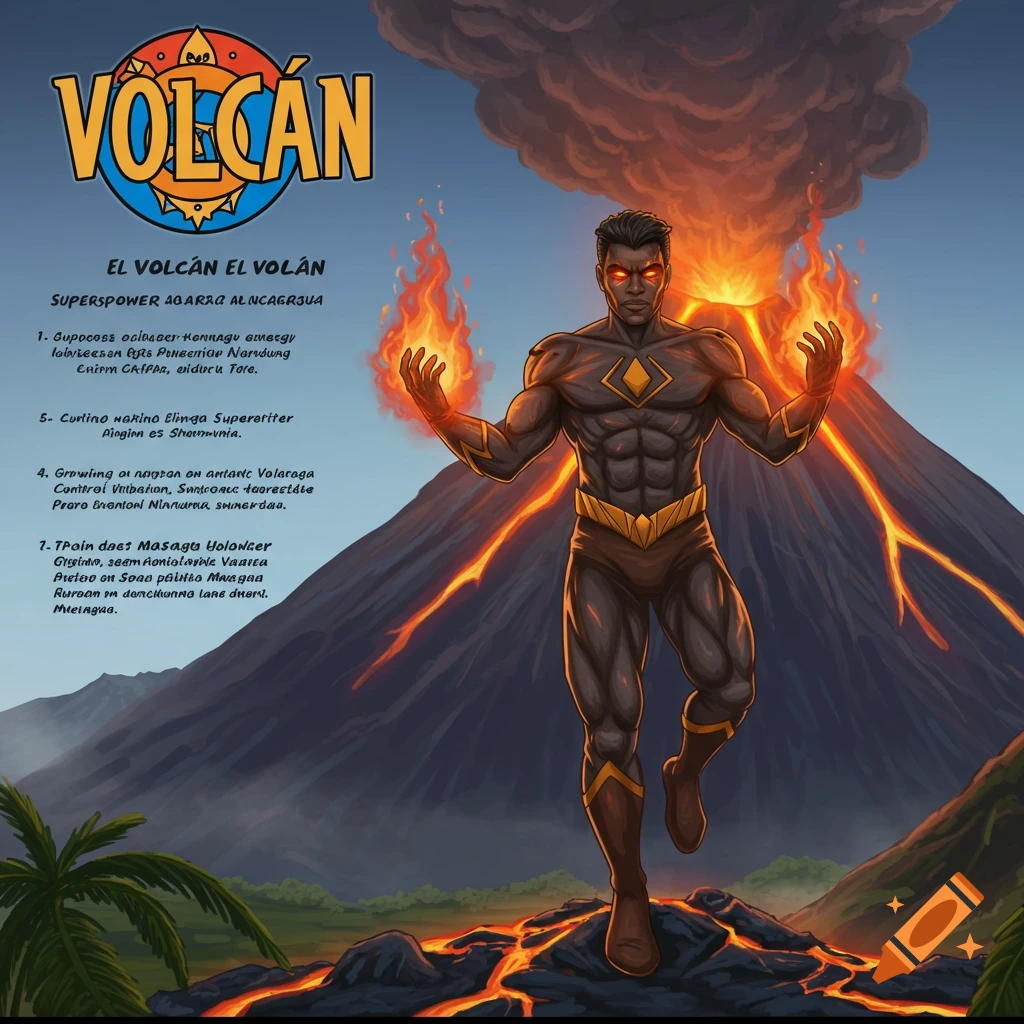 Illustration of a superhero with glowing hands and eyes standing before an erupting volcano.