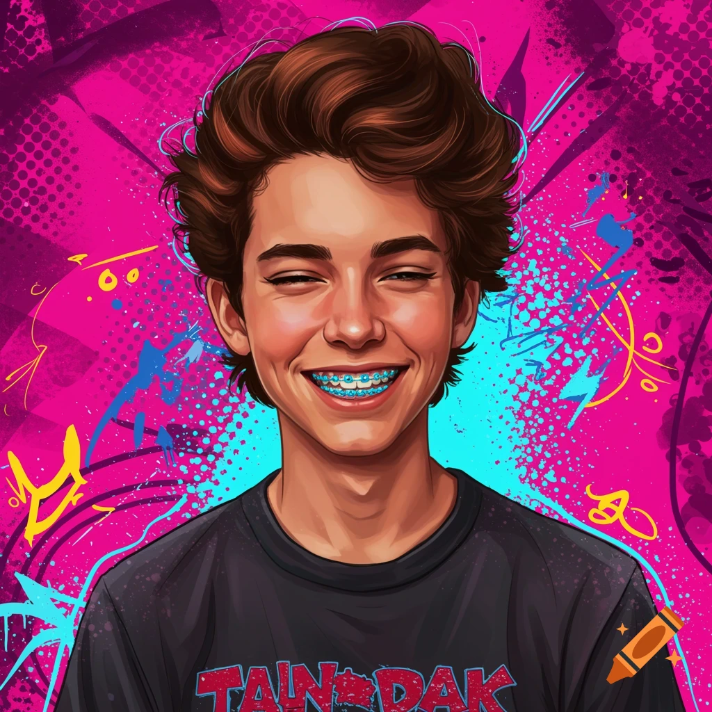 A smiling teenage boy with blue braces wears a black graphic tee in a vibrant pop art style with a pink and blue graffiti background.