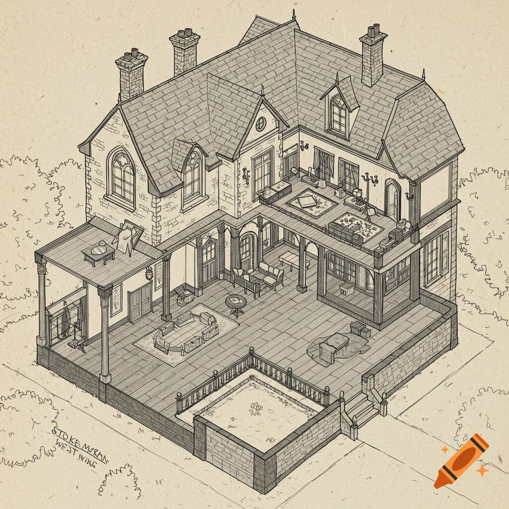 Isometric line drawing of the West Wing of a gothic manor, showing interior rooms, patios, and yard. Labeled 'STOKE MORAN WEST WING'.
