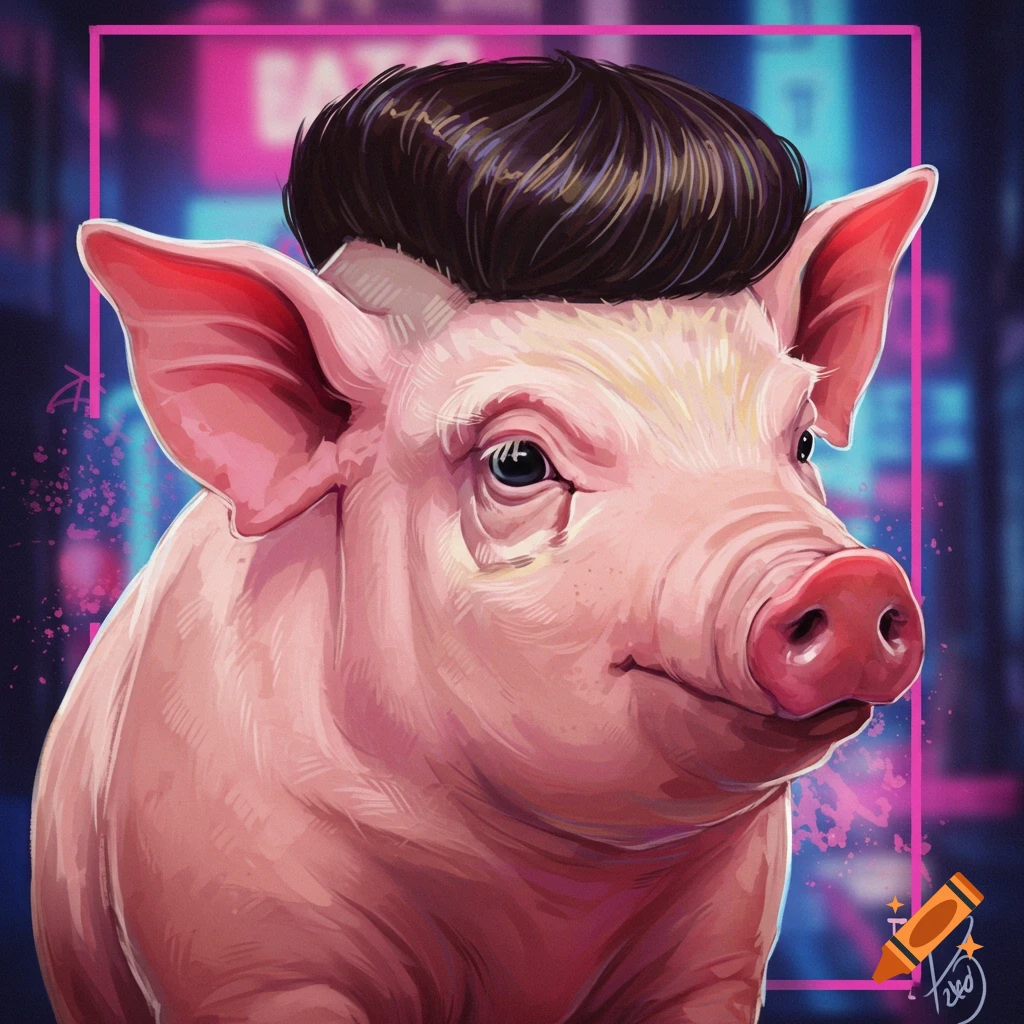 A pig with a haircut against a neon background.