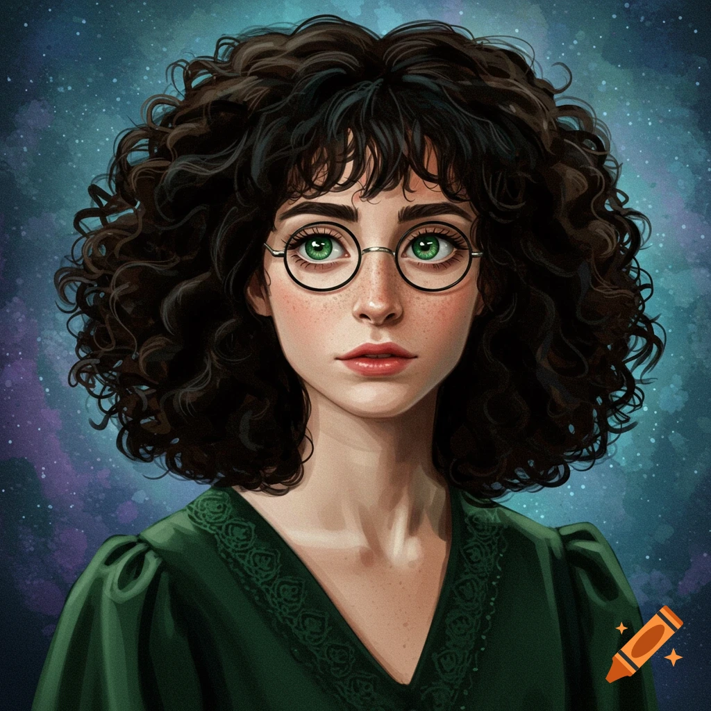 Portrait of a young woman with curly black hair, green eyes, and glasses.