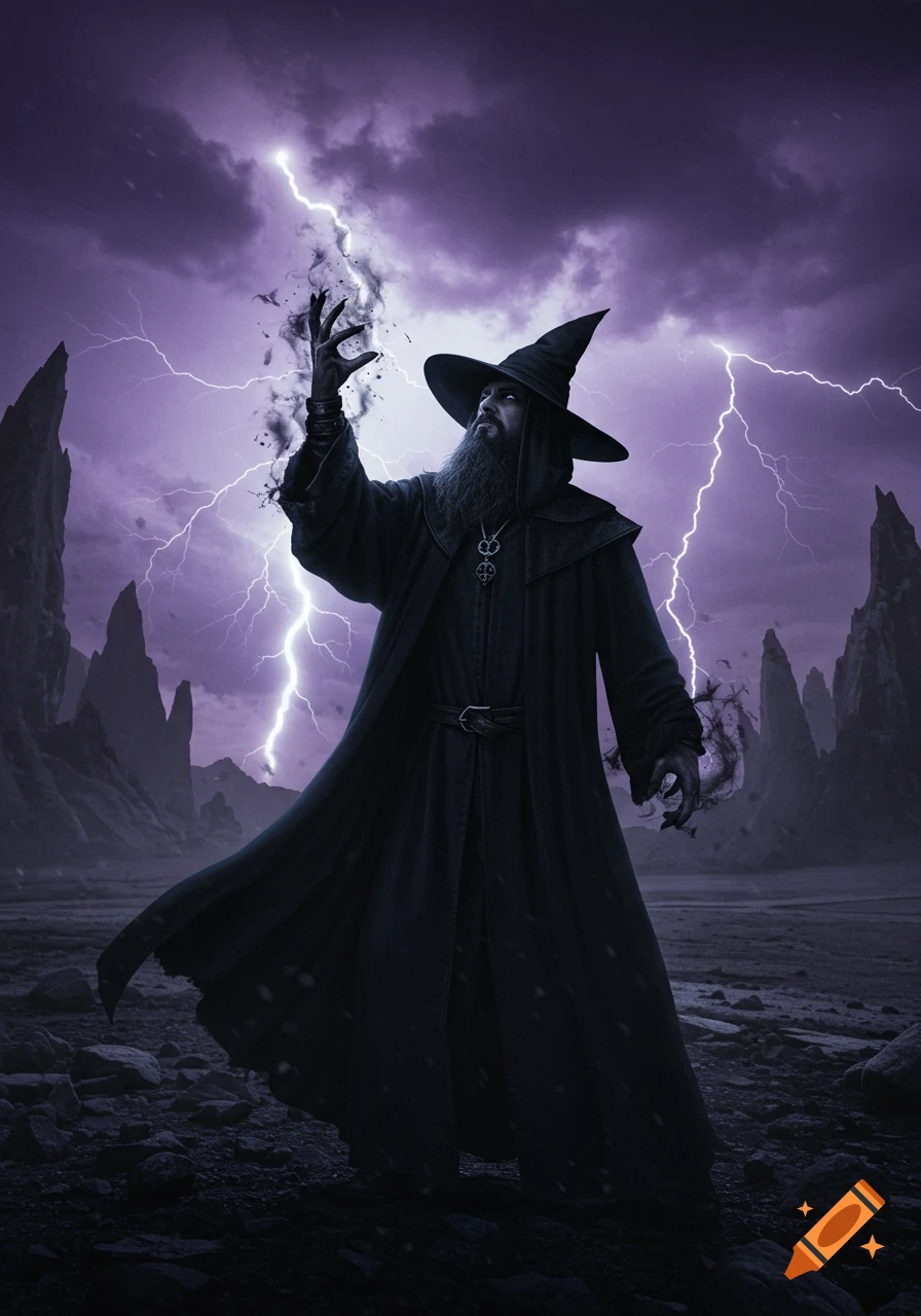 A dark wizard in a robe casting a spell with lightning in a rocky landscape.