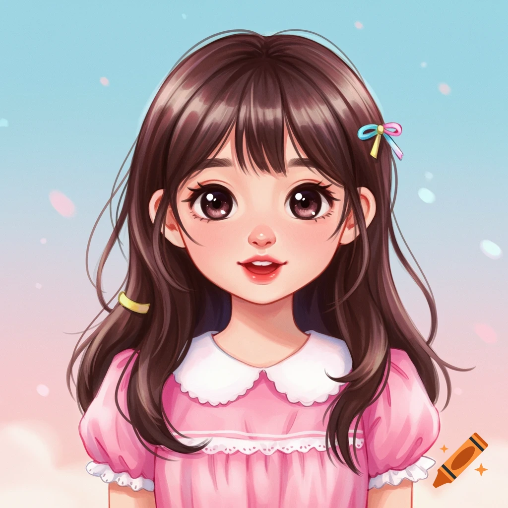 a cute young girl with long brown hair, big eyes, and a pink dress in anime style.