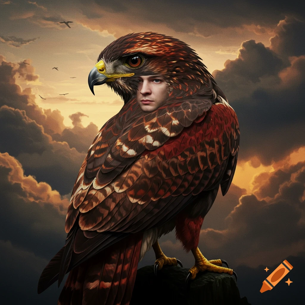 A hawk with a man's face is perched on a rock against a dramatic sunset sky.