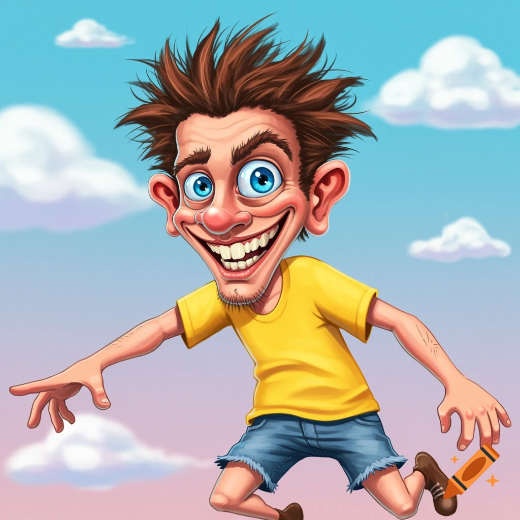 A cartoon man with a big grin jumps in a pastel sky.