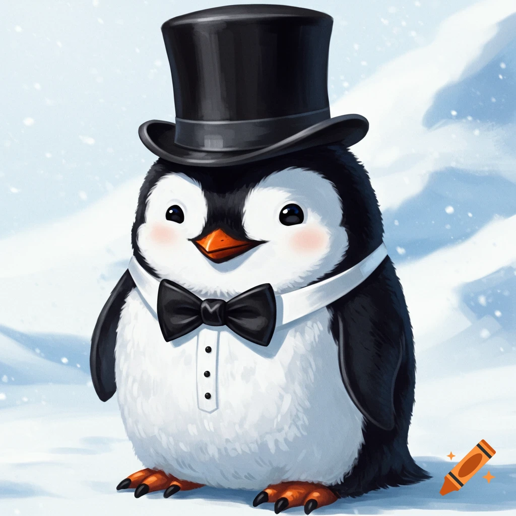 A cute penguin wearing a top hat and bowtie in a snowy setting.
