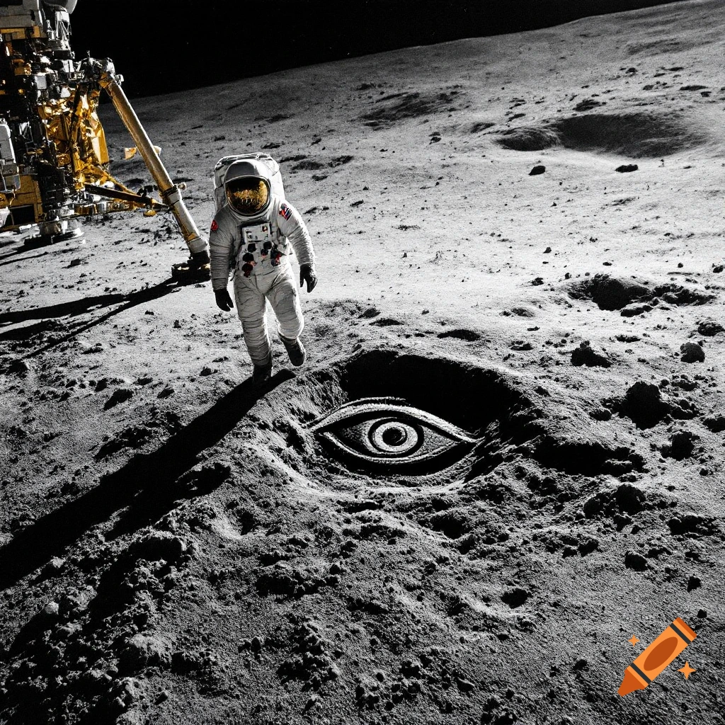 An astronaut on the moon looks at a large eye symbol etched into the surface. Photorealistic style.