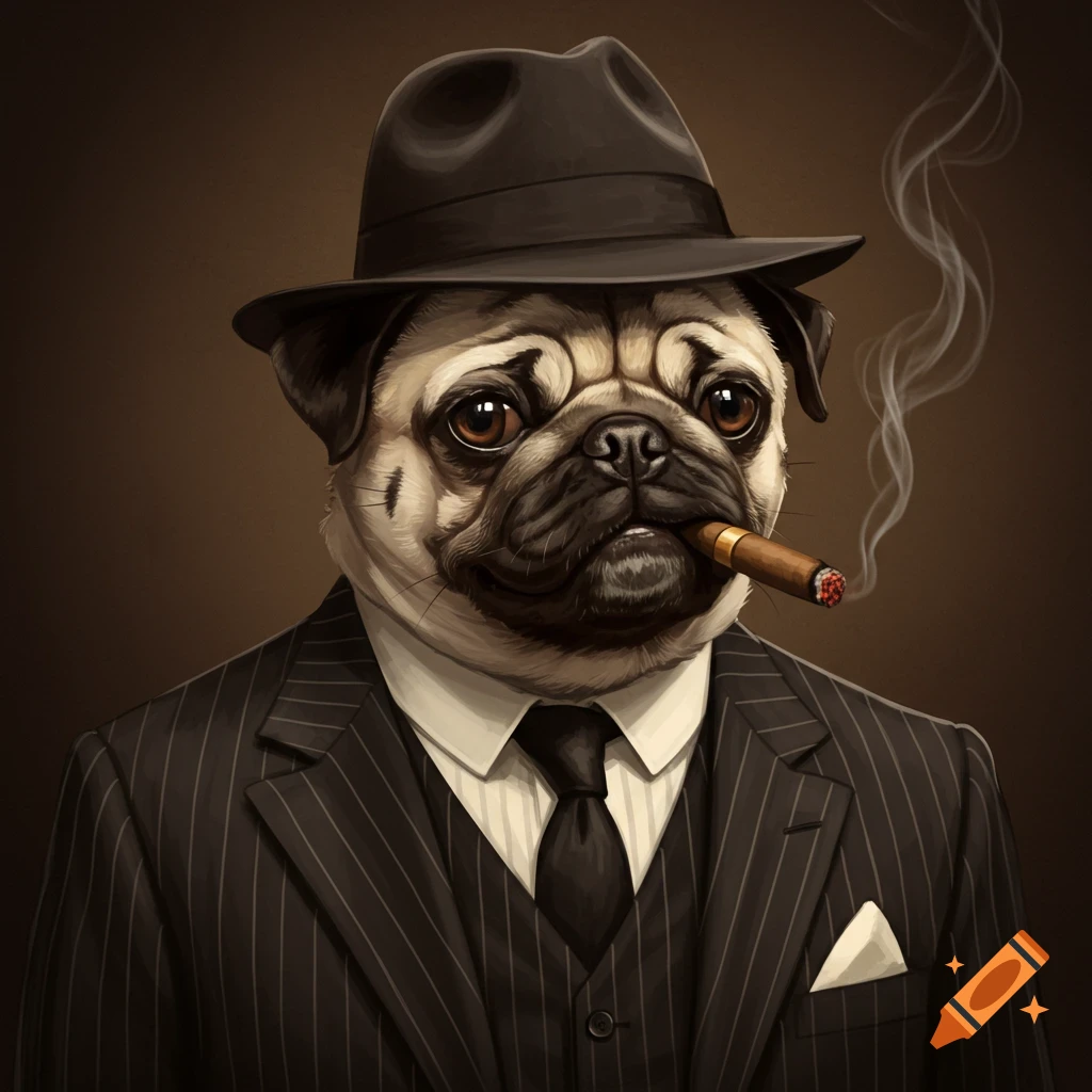 Pug dog wearing a pinstripe suit and fedora and smoking a cigar