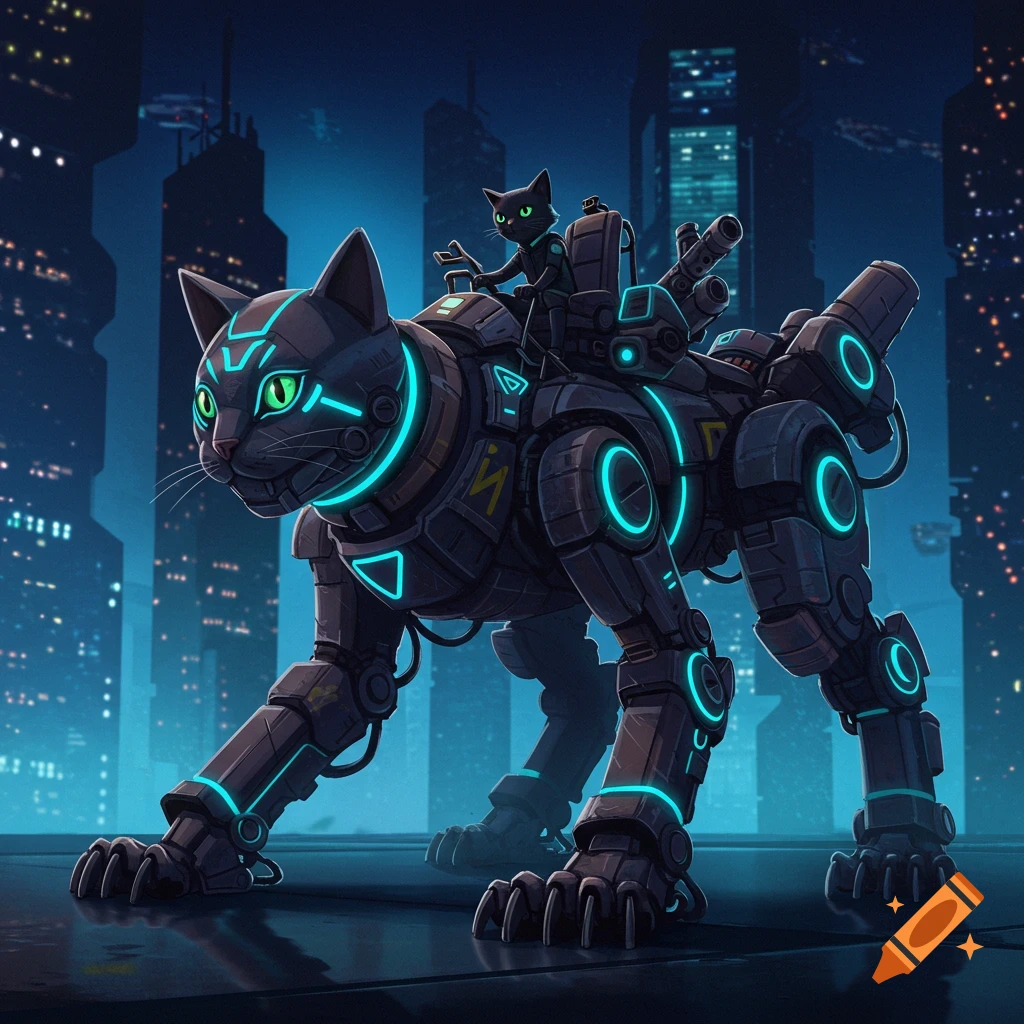 A cat riding a large feline-shaped mech in a cyberpunk city.