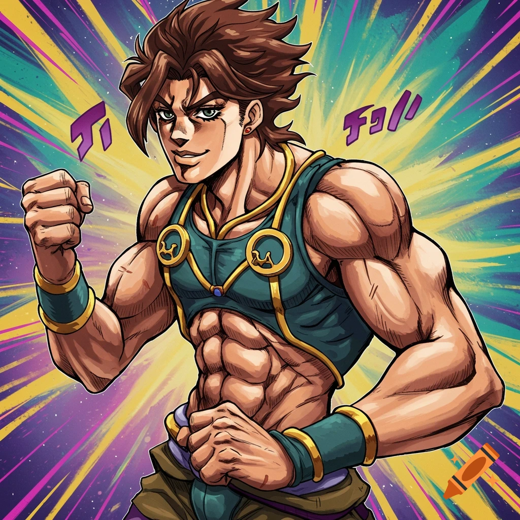 Muscular character in JoJo's Bizarre Adventure style posing with fists clenched against a vibrant, stylized background.