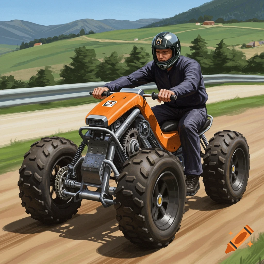 Man riding an orange custom vehicle with large tires on a dirt path through a hilly landscape.