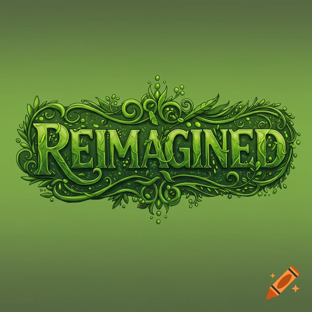 The word REIMAGINED stylized with green leaves and vines on a green background.